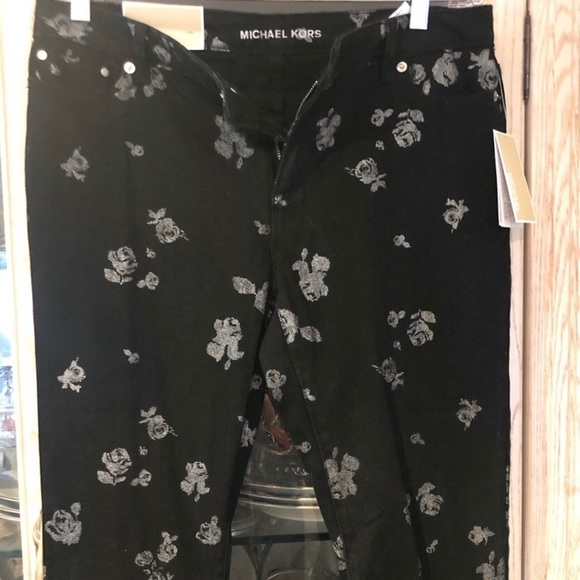 Micheal Kors  size 10 black & silver metallic print jeans IZZY ankle crop NWT - Picture 4 of 16